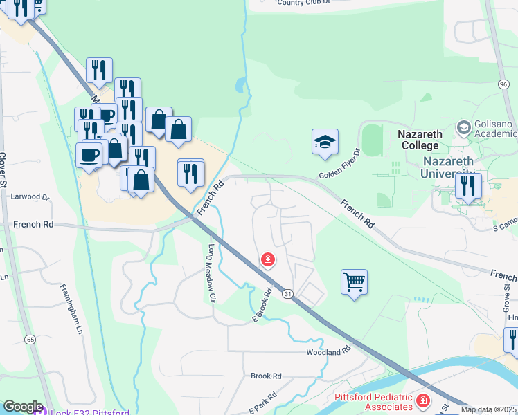 map of restaurants, bars, coffee shops, grocery stores, and more near 20 Colonial Parkway in Pittsford