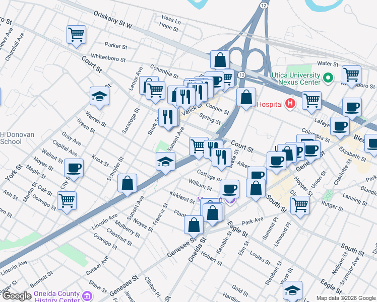 map of restaurants, bars, coffee shops, grocery stores, and more near 711 Bristol Street in Utica