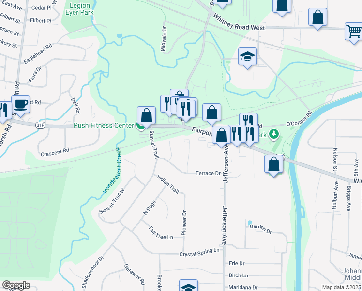 map of restaurants, bars, coffee shops, grocery stores, and more near 55 Terrace Villas in Fairport