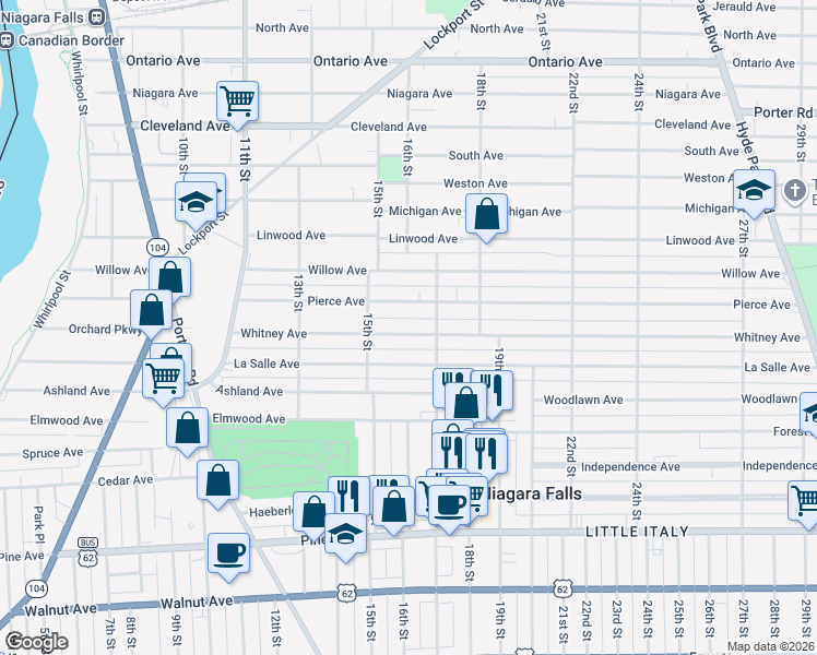 map of restaurants, bars, coffee shops, grocery stores, and more near 1540 Whitney Avenue in Niagara Falls