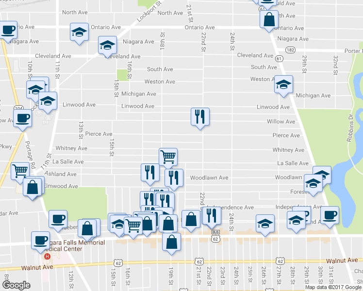 map of restaurants, bars, coffee shops, grocery stores, and more near 1920 Whitney Ave in Niagara Falls