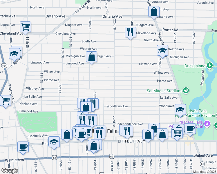 map of restaurants, bars, coffee shops, grocery stores, and more near 1966 Whitney Avenue in Niagara Falls