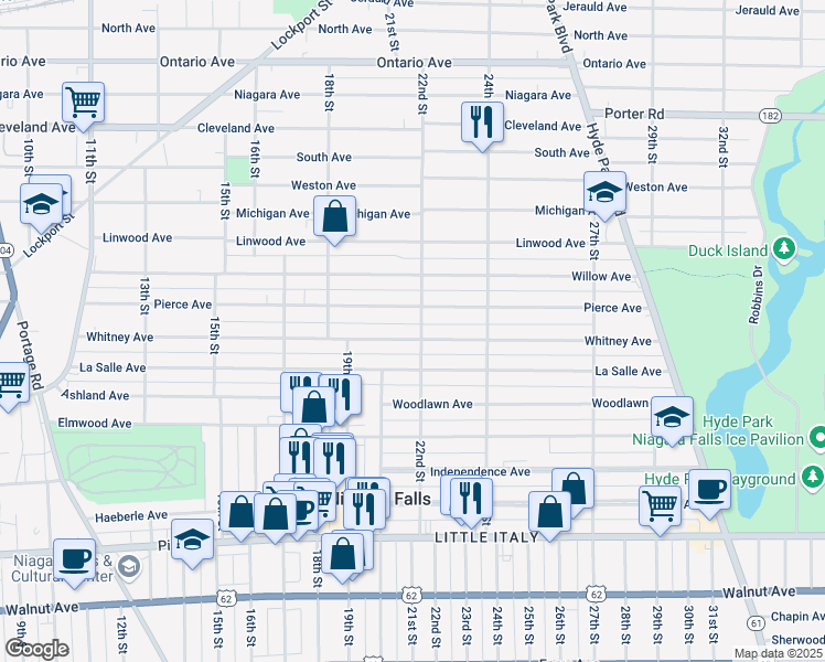 map of restaurants, bars, coffee shops, grocery stores, and more near 1966 Whitney Avenue in Niagara Falls