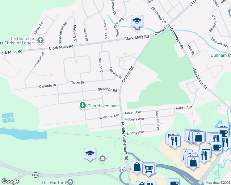 map of restaurants, bars, coffee shops, grocery stores, and more near 1 Glenridge Road in Whitesboro