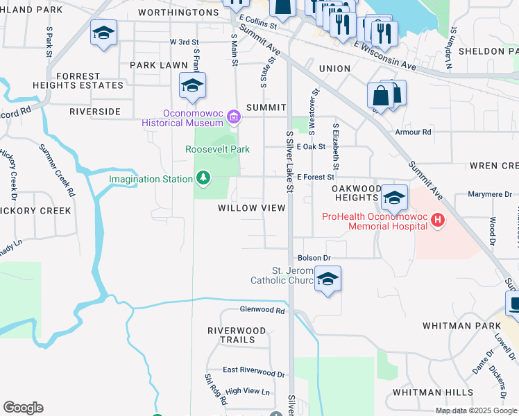 map of restaurants, bars, coffee shops, grocery stores, and more near 833 South State Street in Oconomowoc