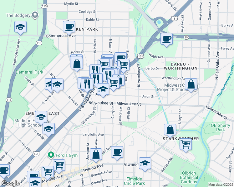 map of restaurants, bars, coffee shops, grocery stores, and more near 2734 Union St in Madison