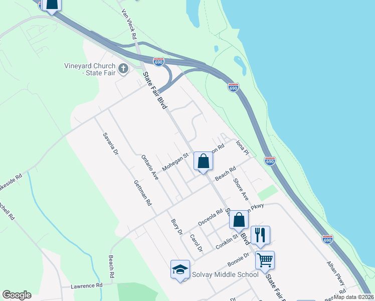 map of restaurants, bars, coffee shops, grocery stores, and more near 1033 State Fair Boulevard in Syracuse