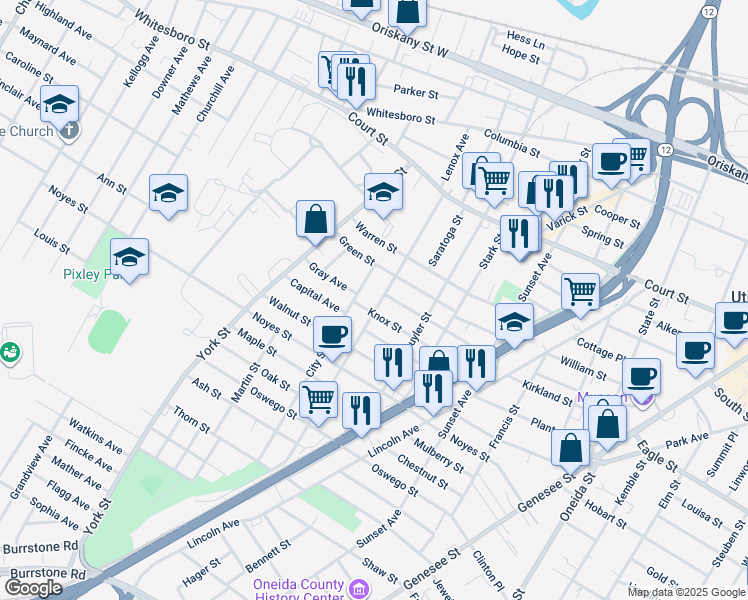map of restaurants, bars, coffee shops, grocery stores, and more near 1118 Lenox Avenue in Utica