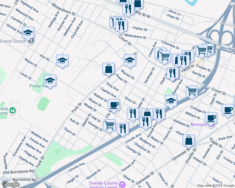 map of restaurants, bars, coffee shops, grocery stores, and more near 1206 Capital Avenue in Utica