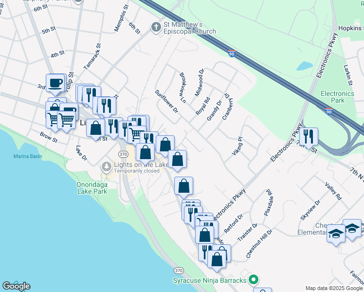 map of restaurants, bars, coffee shops, grocery stores, and more near 17 Town Garden Drive in Liverpool