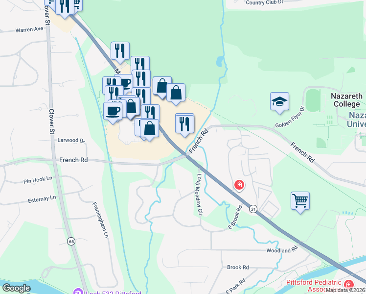 map of restaurants, bars, coffee shops, grocery stores, and more near 200 French Road in Rochester