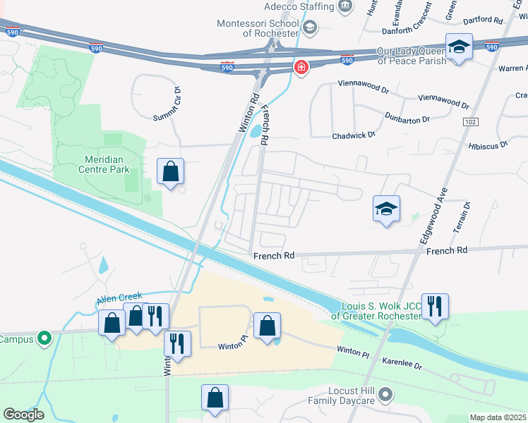 map of restaurants, bars, coffee shops, grocery stores, and more near 802 Eastbrooke Lane in Rochester