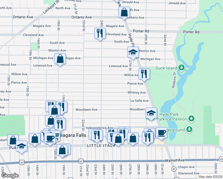 map of restaurants, bars, coffee shops, grocery stores, and more near 2434 Whitney Avenue in Niagara Falls