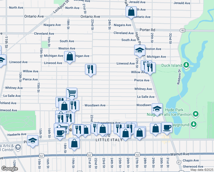 map of restaurants, bars, coffee shops, grocery stores, and more near 2402 Whitney Avenue in Niagara Falls