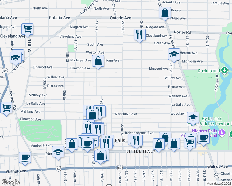 map of restaurants, bars, coffee shops, grocery stores, and more near 1966 Whitney Avenue in Niagara Falls