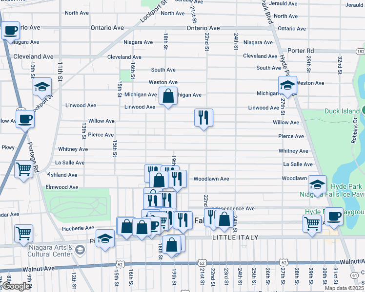map of restaurants, bars, coffee shops, grocery stores, and more near 1920 Whitney Avenue in Niagara Falls