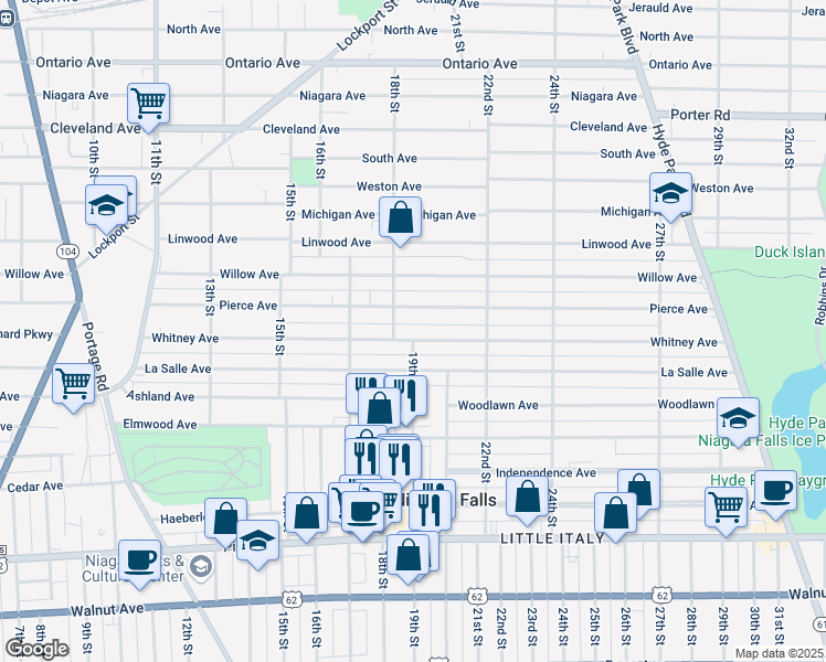 map of restaurants, bars, coffee shops, grocery stores, and more near 1305 18th Street in Niagara Falls