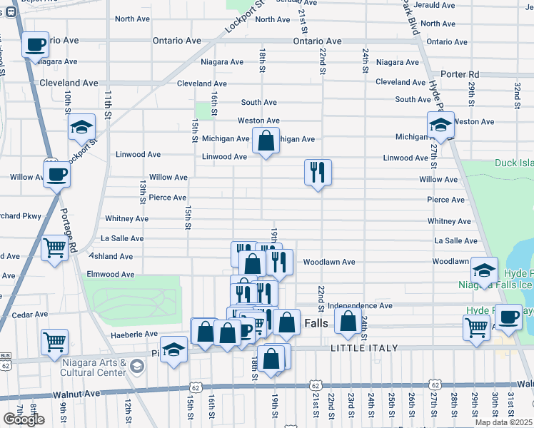 map of restaurants, bars, coffee shops, grocery stores, and more near 1305 18th Street in Niagara Falls