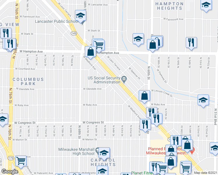 map of restaurants, bars, coffee shops, grocery stores, and more near 4578 North 65th Street in Milwaukee