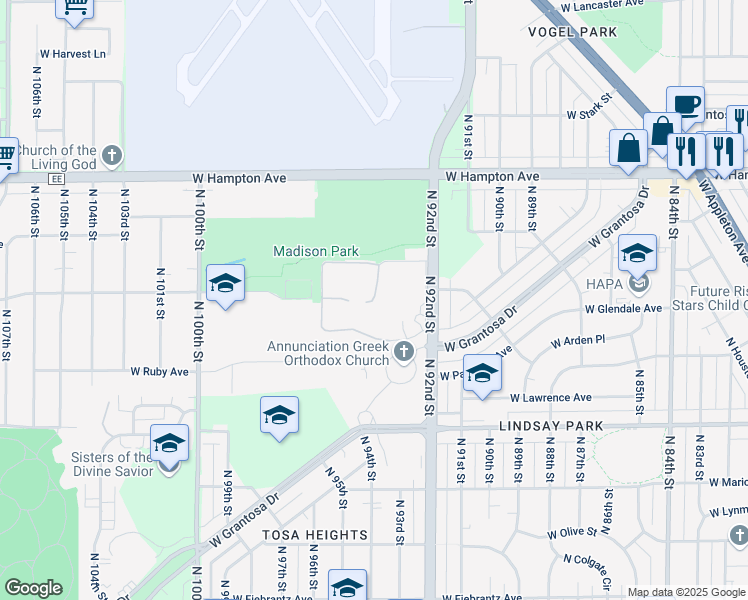 map of restaurants, bars, coffee shops, grocery stores, and more near 4611 N 92nd St in Milwaukee