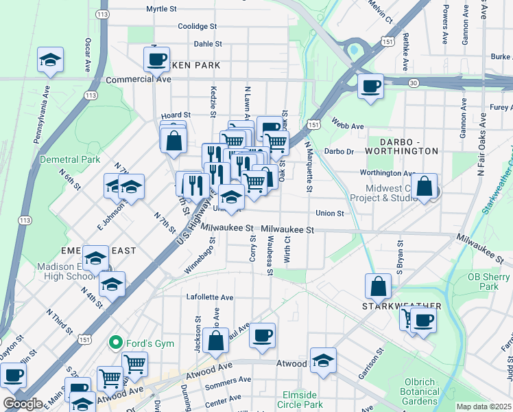 map of restaurants, bars, coffee shops, grocery stores, and more near 2734 Union Street in Madison