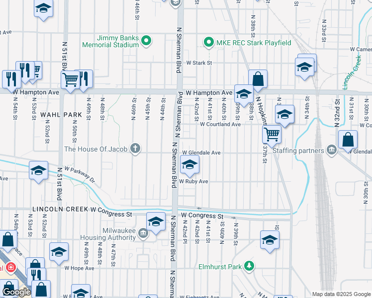 map of restaurants, bars, coffee shops, grocery stores, and more near 4224 W Glendale Ave in Milwaukee