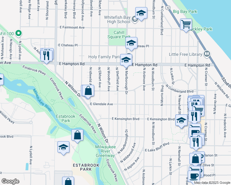 map of restaurants, bars, coffee shops, grocery stores, and more near 4647 North Sheffield Avenue in Whitefish Bay