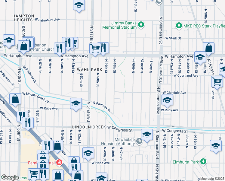 map of restaurants, bars, coffee shops, grocery stores, and more near 4605 North 48th Street in Milwaukee