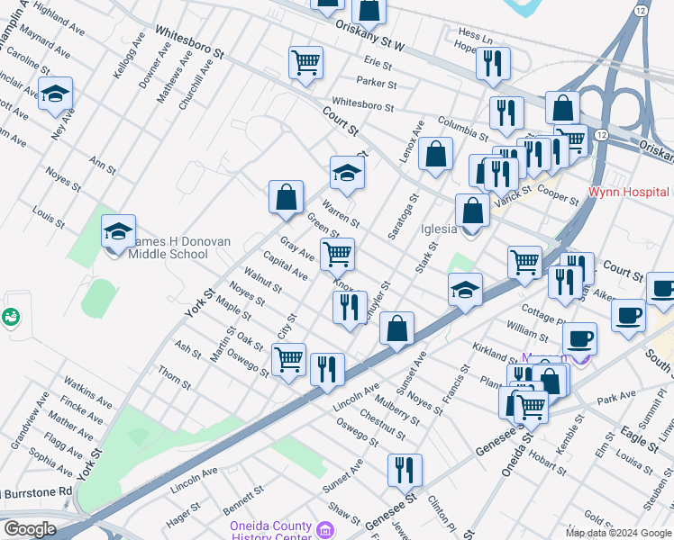 map of restaurants, bars, coffee shops, grocery stores, and more near 1118 Lenox Avenue in Utica