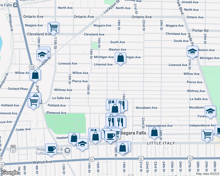 map of restaurants, bars, coffee shops, grocery stores, and more near 1720 Whitney Ave in Niagara Falls