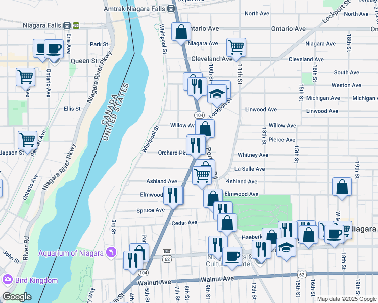 map of restaurants, bars, coffee shops, grocery stores, and more near 720 Orchard Parkway in Niagara Falls