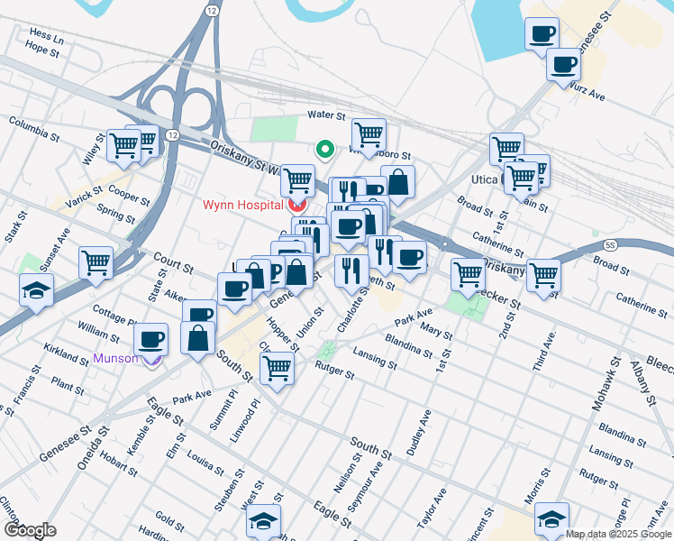 map of restaurants, bars, coffee shops, grocery stores, and more near 193 Genesee Street in Utica