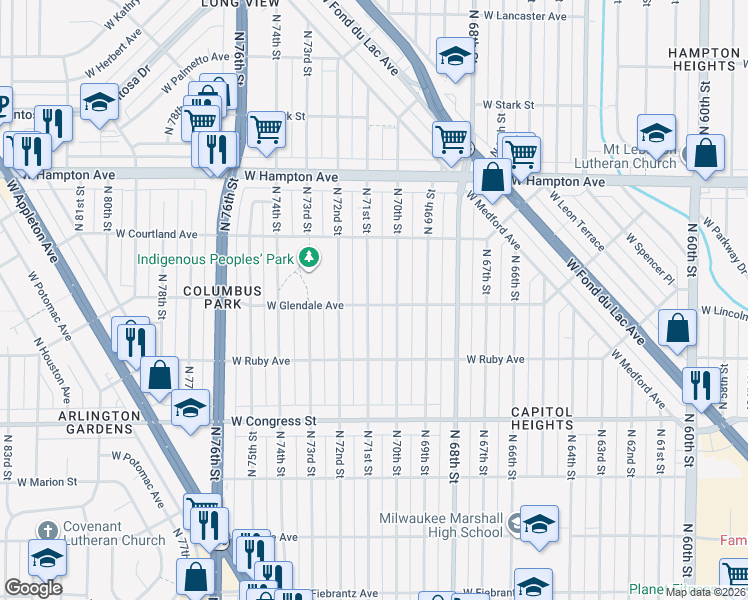 map of restaurants, bars, coffee shops, grocery stores, and more near 4602 North 71st Street in Milwaukee