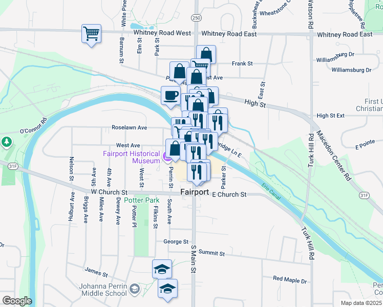 map of restaurants, bars, coffee shops, grocery stores, and more near 2 South Main Street in Fairport