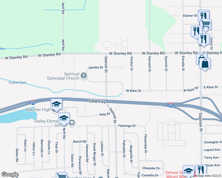 map of restaurants, bars, coffee shops, grocery stores, and more near 6398 Detroit Street in Mount Morris