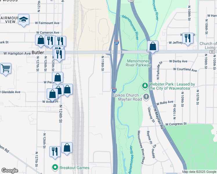 map of restaurants, bars, coffee shops, grocery stores, and more near 4621 North 117th Street in Wauwatosa