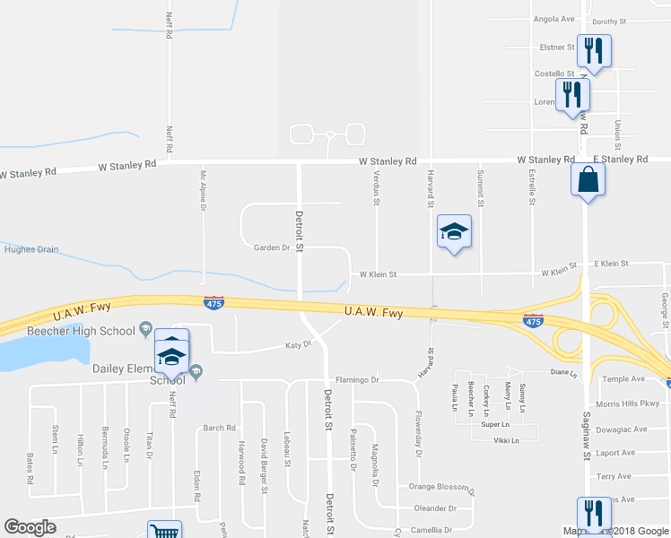 map of restaurants, bars, coffee shops, grocery stores, and more near 6409 Garden Drive in Mount Morris
