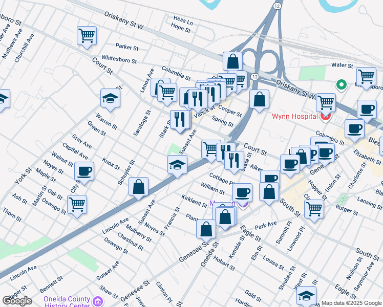 map of restaurants, bars, coffee shops, grocery stores, and more near 710 Stevens St in Utica