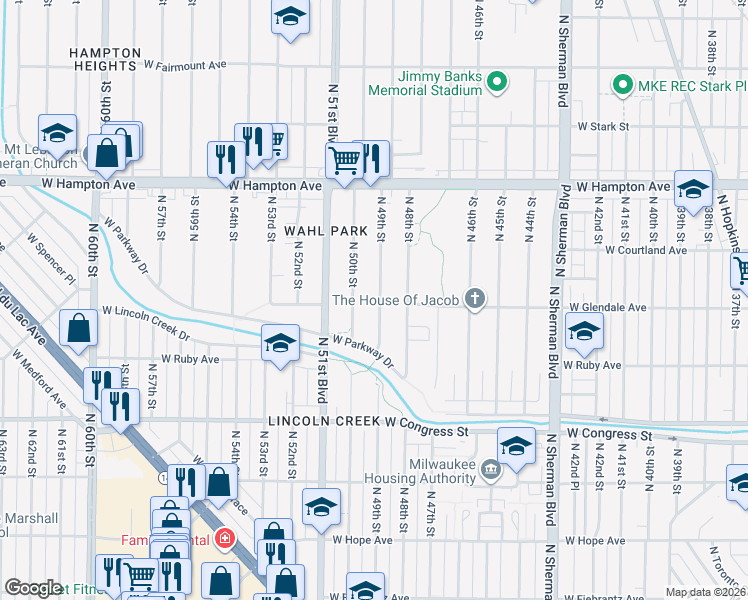 map of restaurants, bars, coffee shops, grocery stores, and more near 4609 North 49th Street in Milwaukee