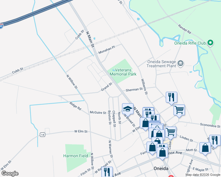map of restaurants, bars, coffee shops, grocery stores, and more near 309 Grand St in Oneida