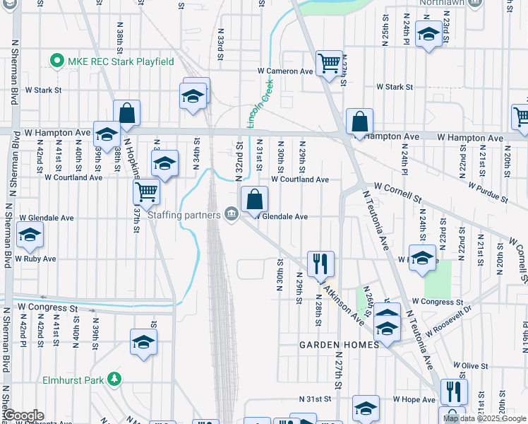 map of restaurants, bars, coffee shops, grocery stores, and more near 4605 North 30th Street in Milwaukee