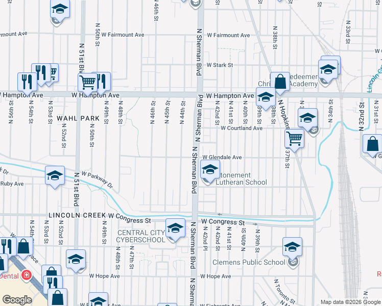 map of restaurants, bars, coffee shops, grocery stores, and more near 4609 North Sherman Boulevard in Milwaukee