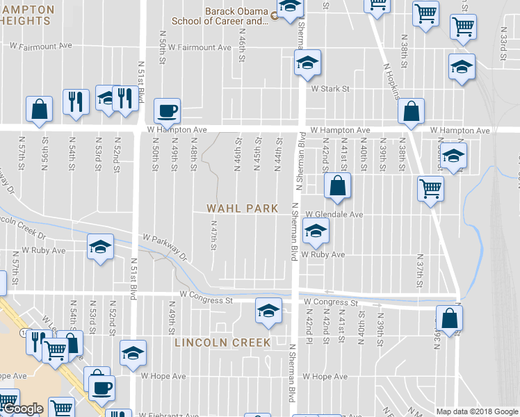 map of restaurants, bars, coffee shops, grocery stores, and more near 4608 North 45th Street in Milwaukee