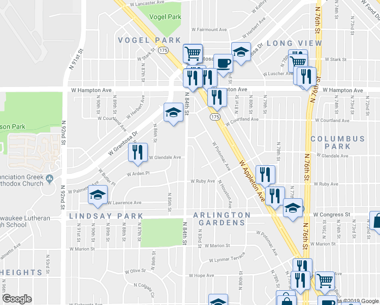 map of restaurants, bars, coffee shops, grocery stores, and more near 4580 North 84th Street in Milwaukee