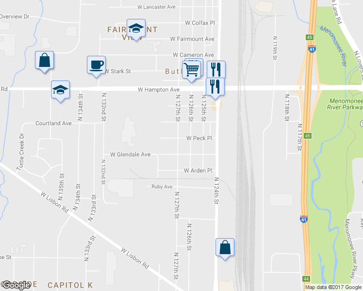 map of restaurants, bars, coffee shops, grocery stores, and more near 4622 North 127th Street in Butler