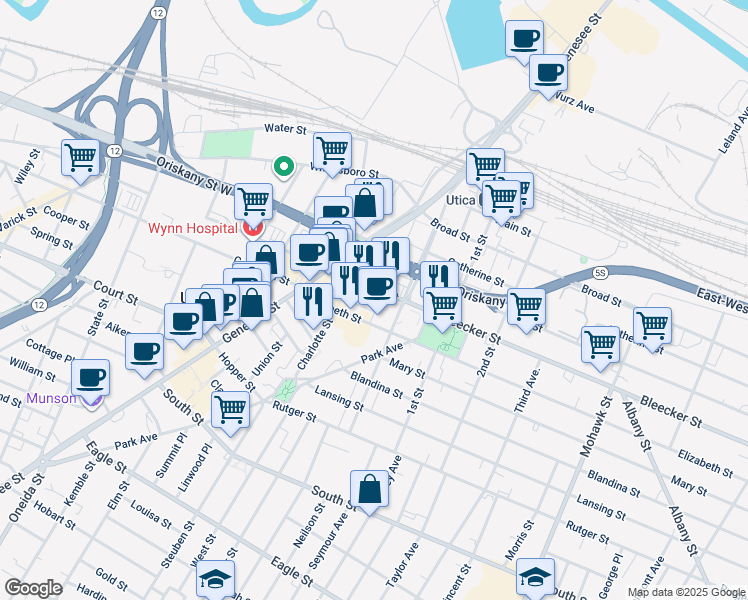 map of restaurants, bars, coffee shops, grocery stores, and more near 502 Burnet Street in Utica