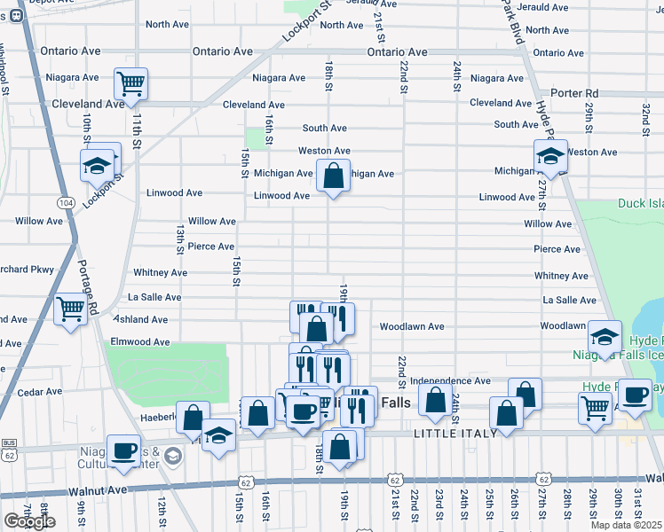 map of restaurants, bars, coffee shops, grocery stores, and more near 1305 18th Street in Niagara Falls