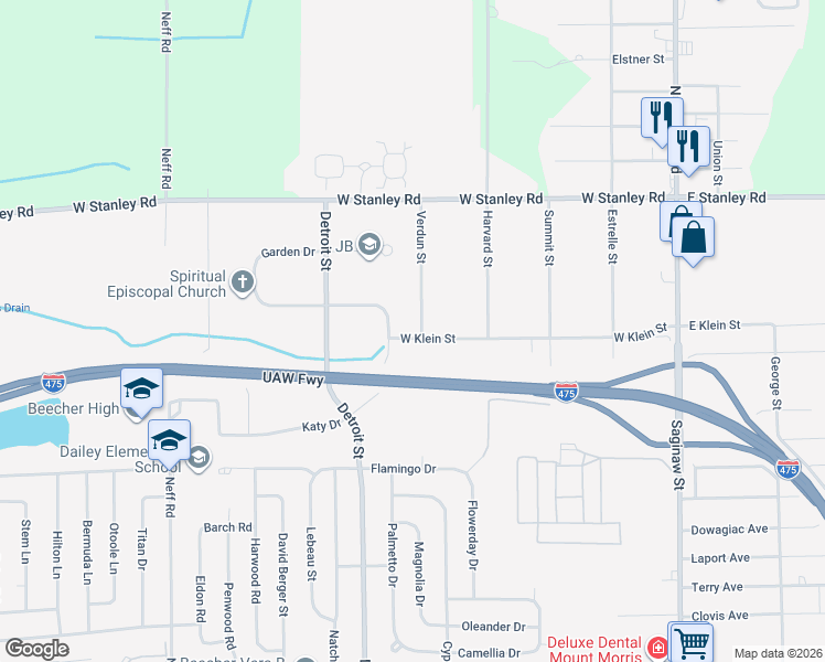 map of restaurants, bars, coffee shops, grocery stores, and more near 1278 West Klein Street in Mount Morris