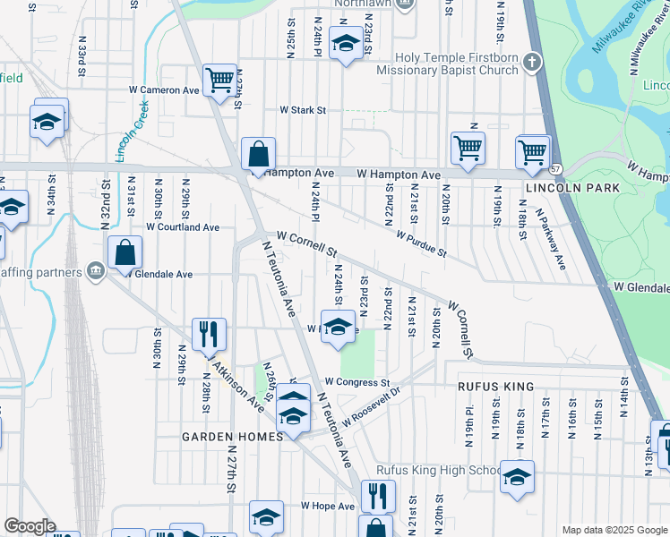 map of restaurants, bars, coffee shops, grocery stores, and more near 4611 North 24th Street in Milwaukee