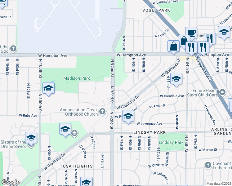 map of restaurants, bars, coffee shops, grocery stores, and more near 4590 North 92nd Street in Milwaukee